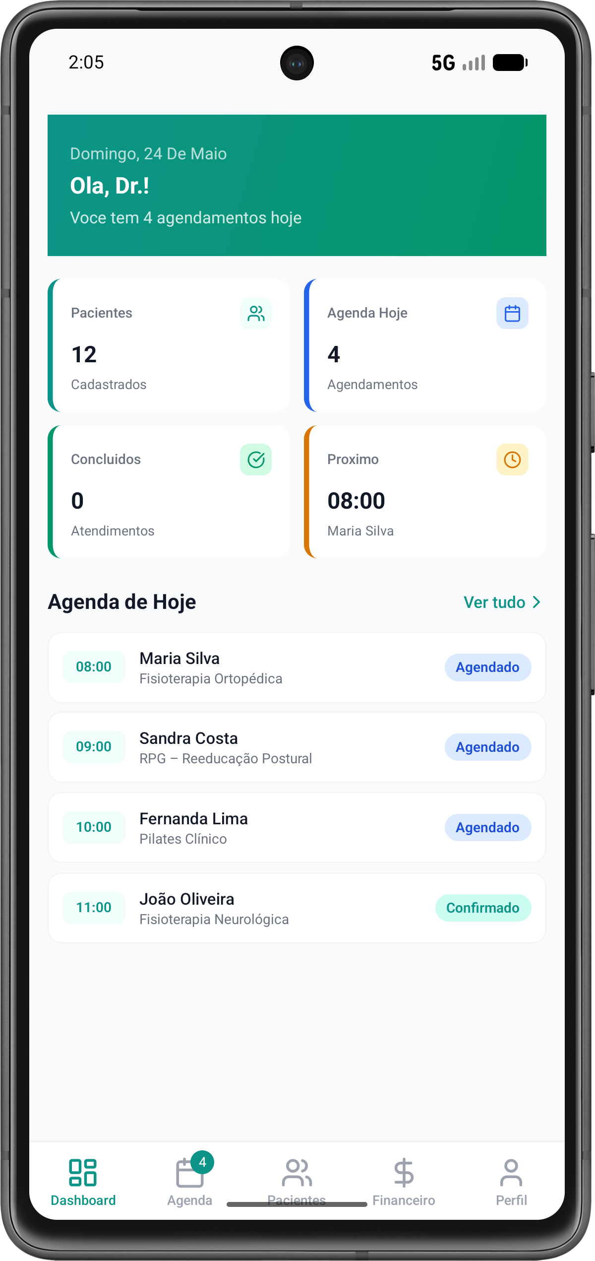 App mobile do Clinvo: dashboard com agenda do dia, pacientes e financeiro