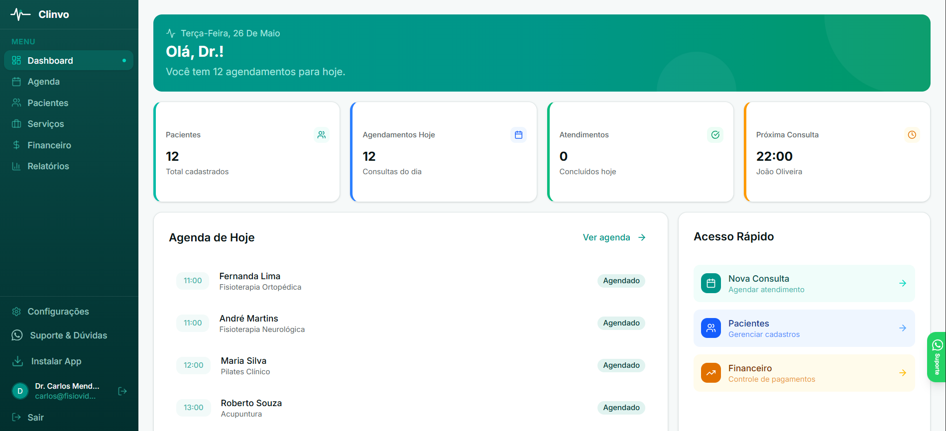Dashboard do Clinvo mostrando agenda do dia, pacientes agendados e acesso rápido